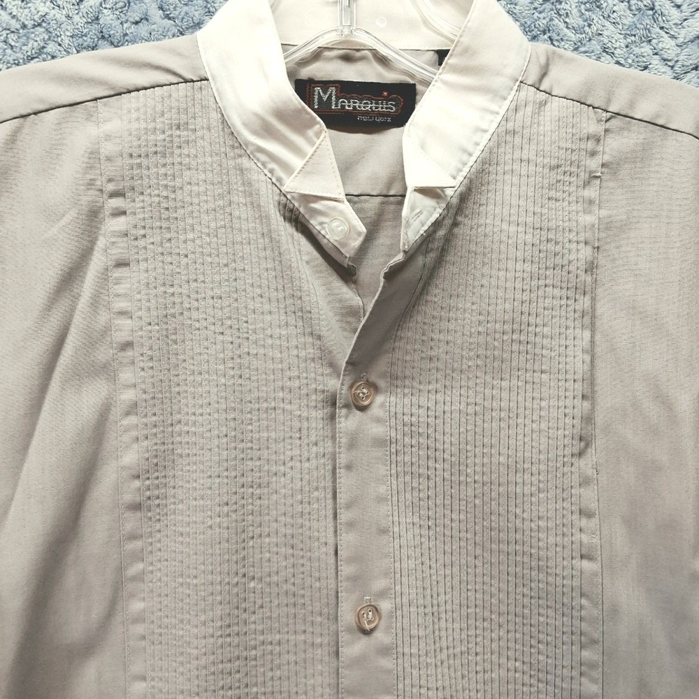 Marquis New York Tan Pleated Bib Tuxedo Shirt White Wing Tip Collar 15 33/34